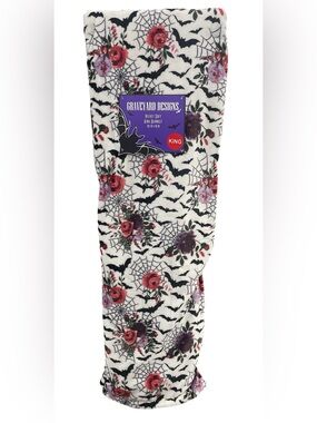 Halloween King Blanket White Black Red Purple Bats Roses Spider Webs Floral NWT